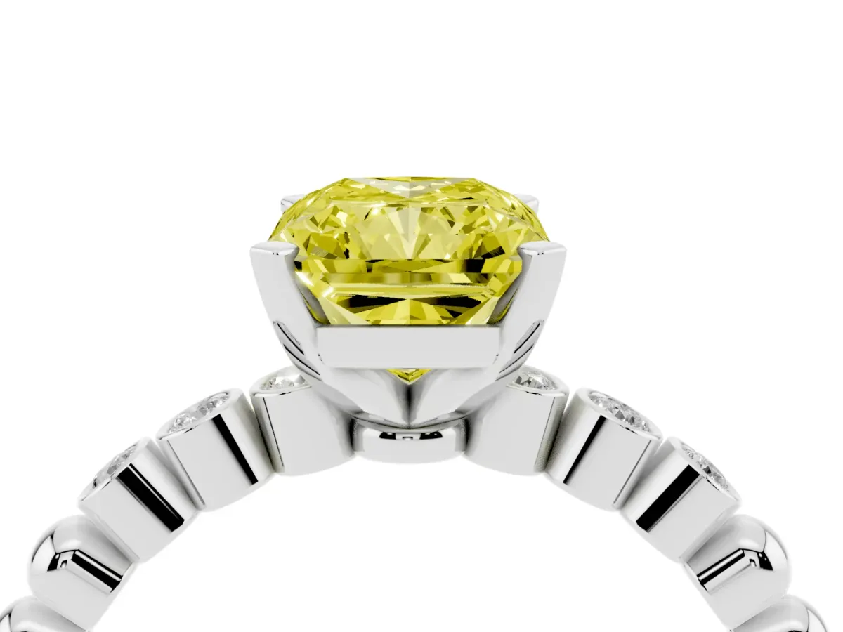Fancy Yellow Radiant Cut Solitaire Bezel Accent Diamond Engagement Ring with Beaded Band and Four-Prong Setting Silver