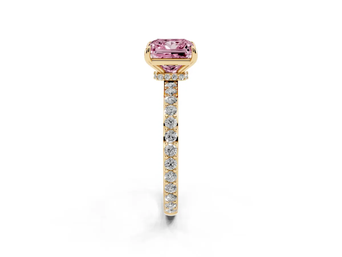 Fancy Pink Princess Cut Diamond Solitaire Engagement Ring with Pavé Band and Four-Prong Setting Yellow gold