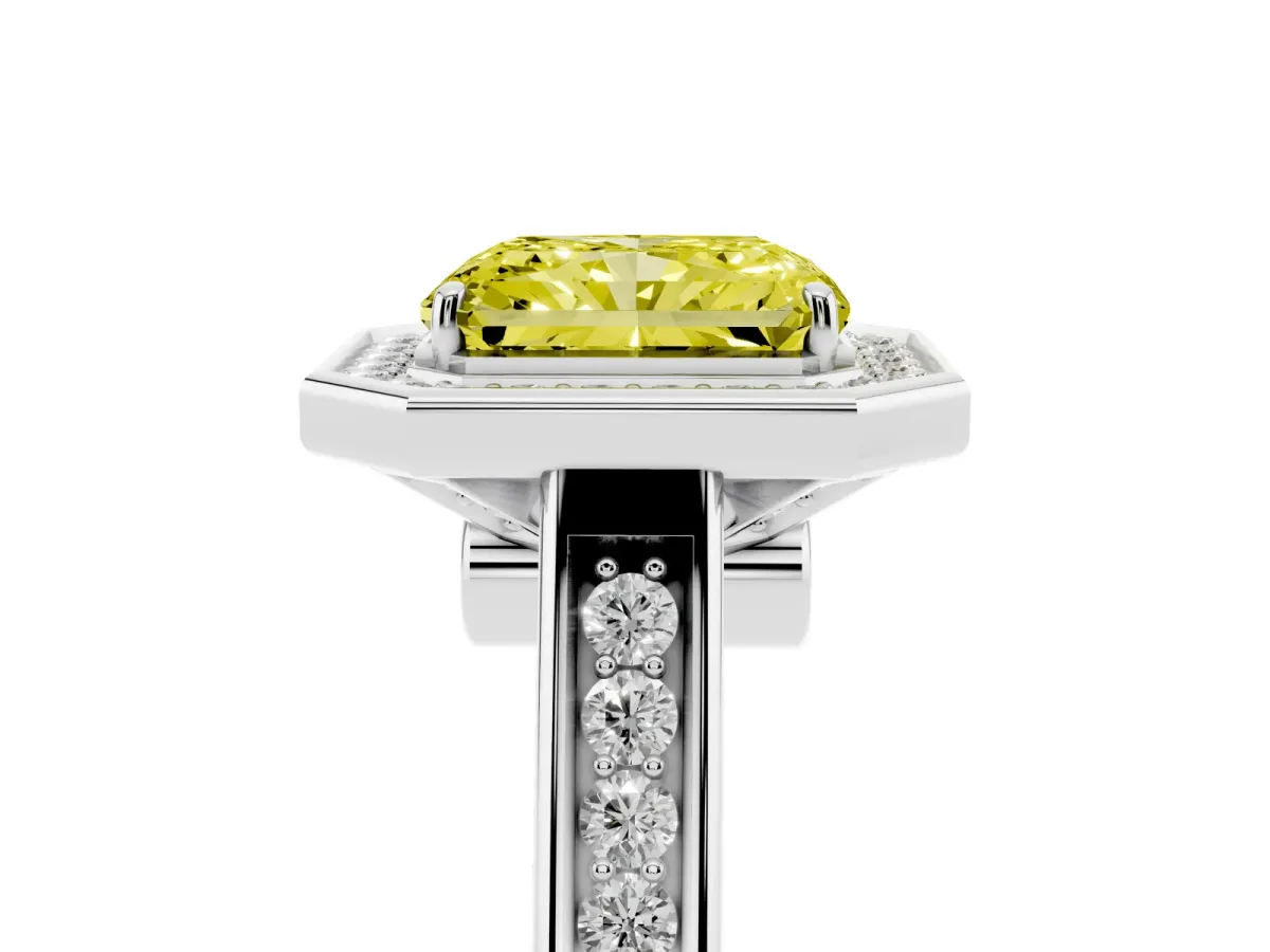 Fancy Yellow Radiant Cut Halo Solitaire Diamond Ring with Pave Band and Bezel Setting Platinum