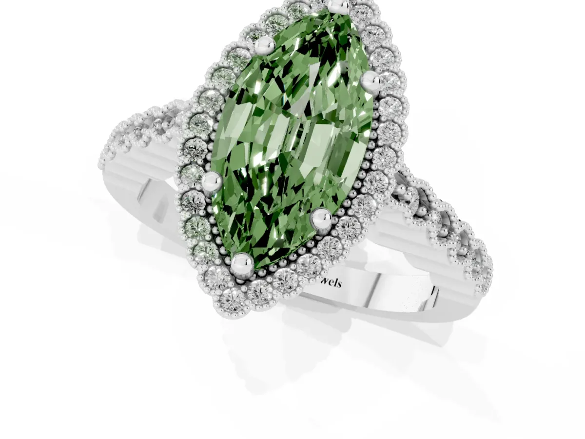 Fancy Green Marquise Cut Cut Halo Pavé Solitaire Ring with Milgrain Band Silver