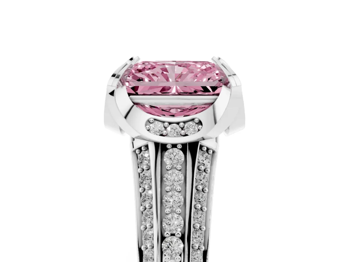 Fancy Pink Radiant Cut Solitaire Pave Split Shank Ring with Four-Prong Setting Silver