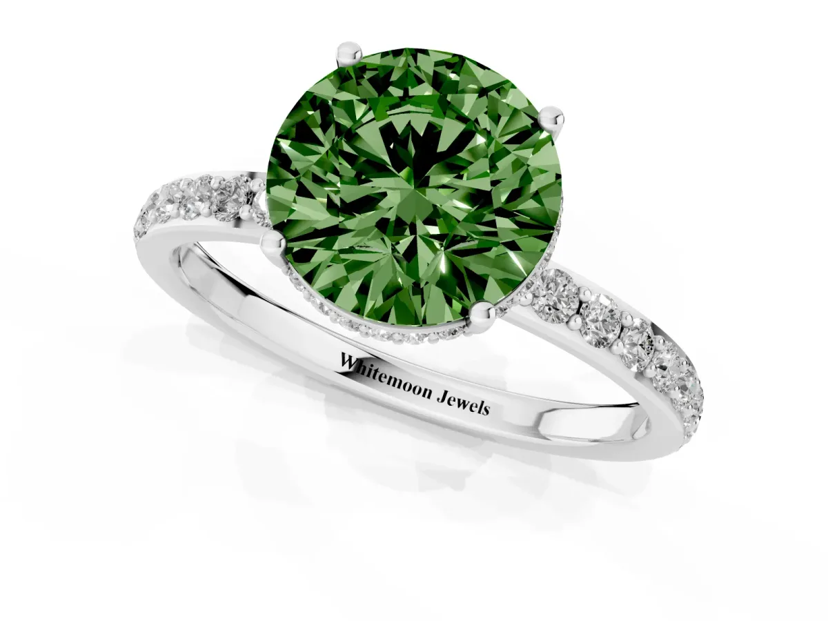 Fancy Green Round Cut Diamond Solitaire Ring with Pavé Band and Hidden Halo White gold