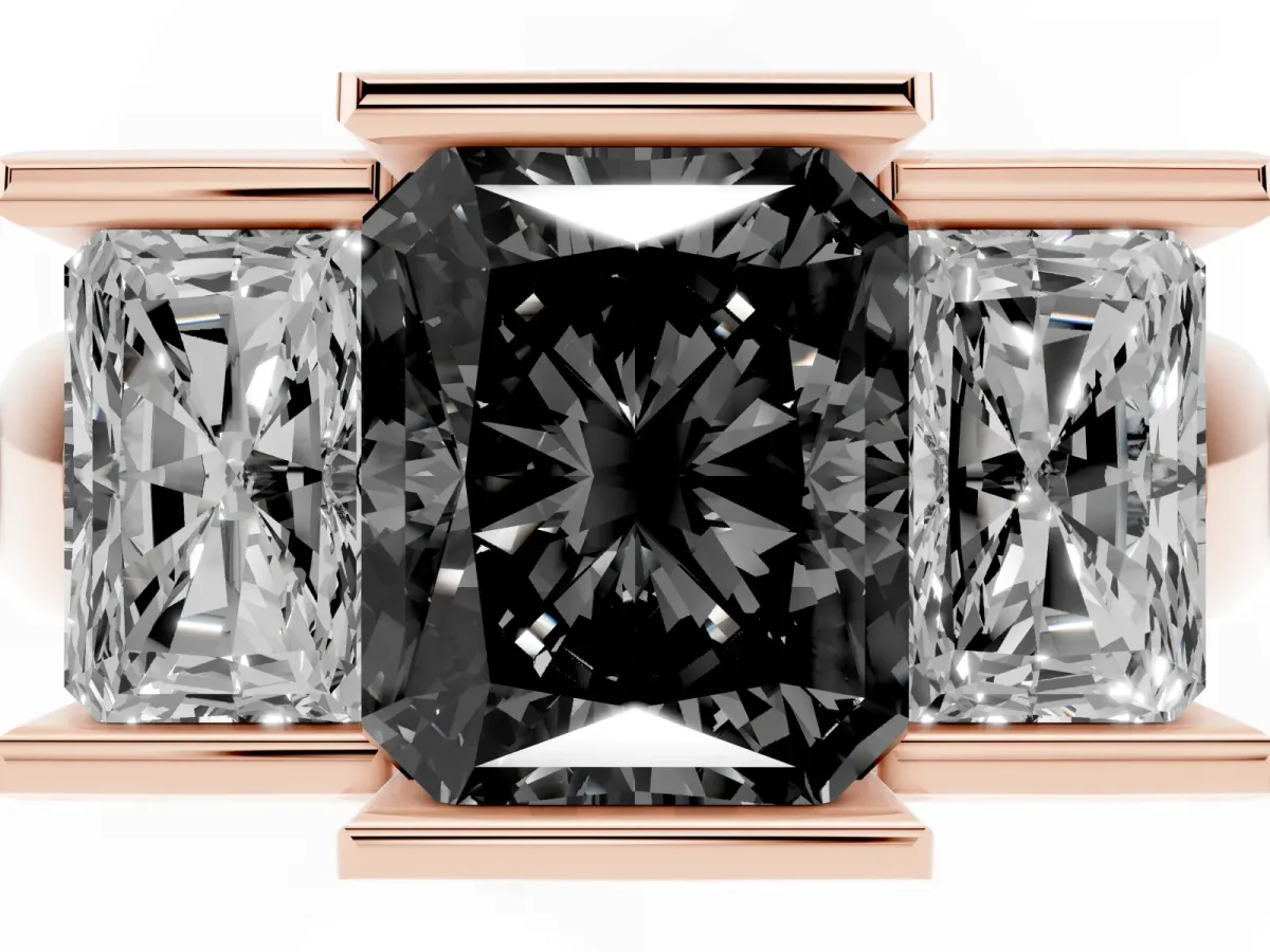 Fancy Black Three Stone Radiant Cut Cut Channel Set Diamond Ring Rose gold