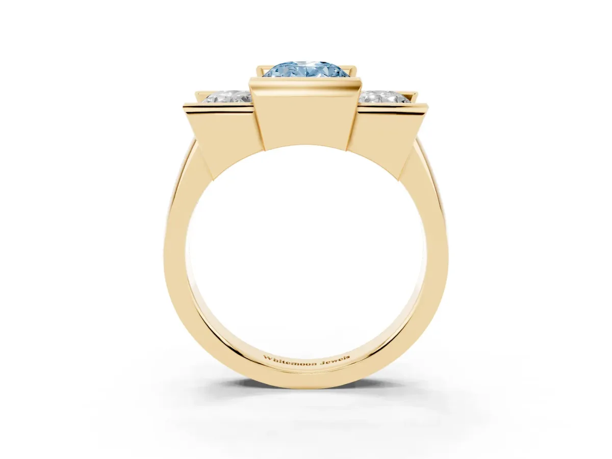 Fancy Blue Three Stone Oval Cut Cut Channel Set Diamond Ring Yellow gold