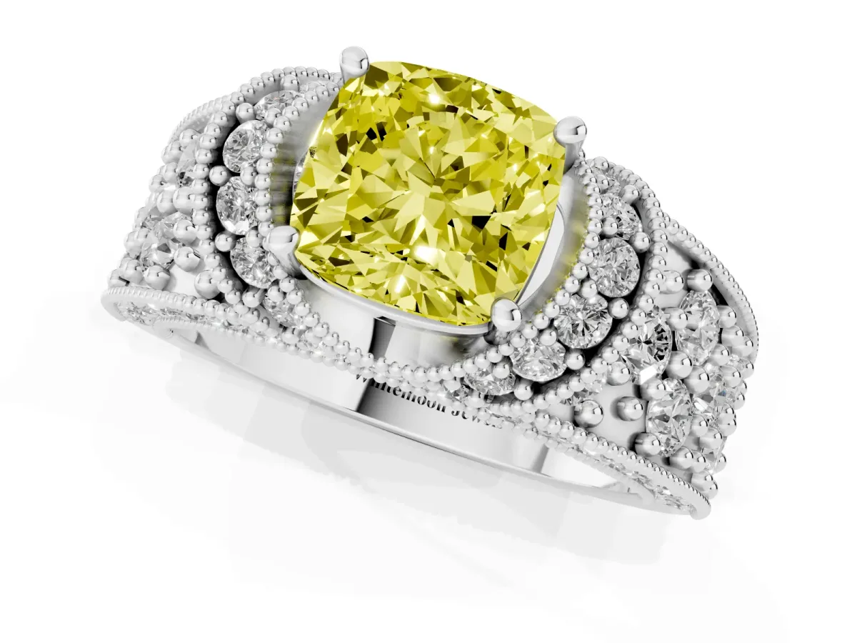 Fancy Yellow Cushion Cut Halo Pave Diamond Engagement Ring with Milgrain Detailing Platinum