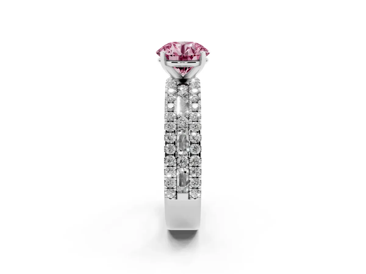 Fancy Pink Round Cut Diamond Solitaire Ring with Pavé and Channel Set Band Silver
