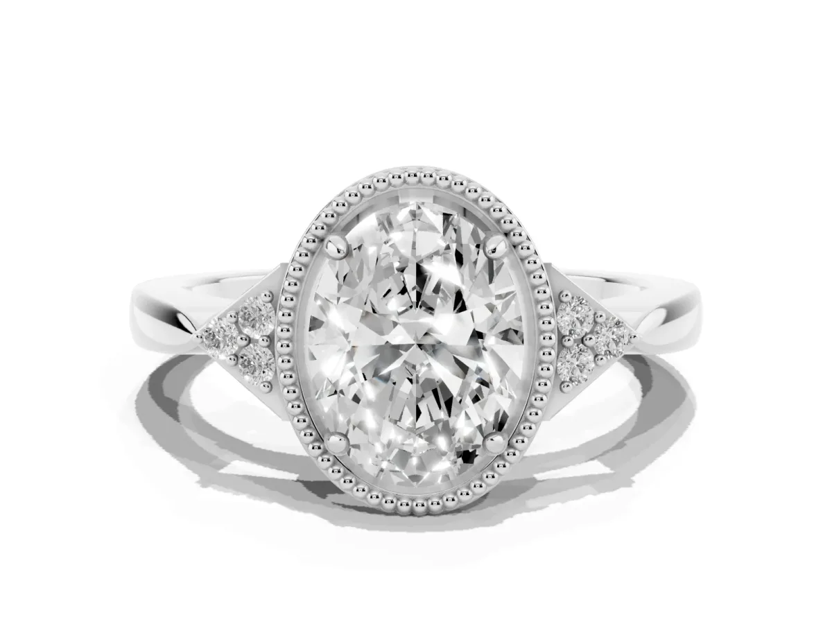 Oval Cut Diamond Halo Ring with Tapered Band and Four-Prong Setting Silver