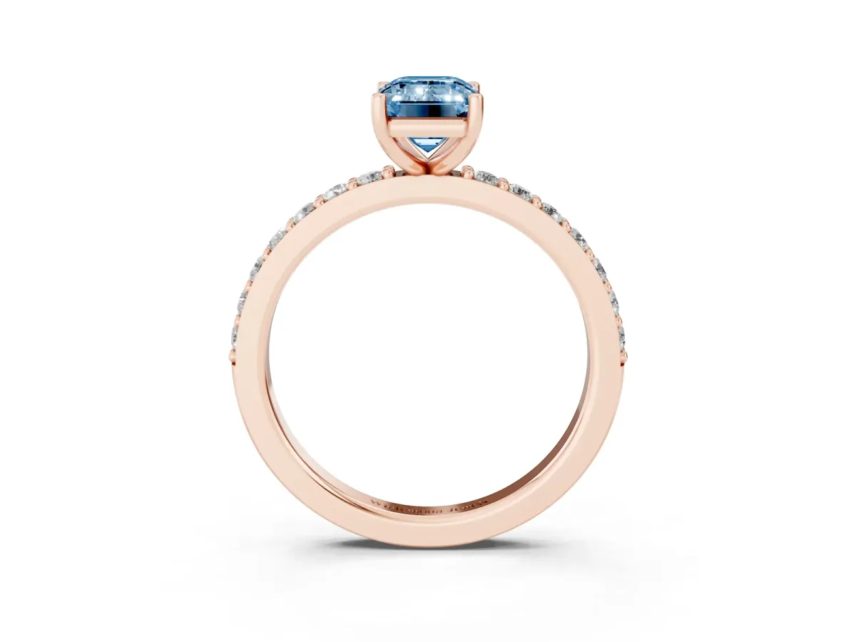 Fancy Blue Emerald Cut Cut Diamond Solitaire with Pave Band and Four-Prong Setting Rose gold