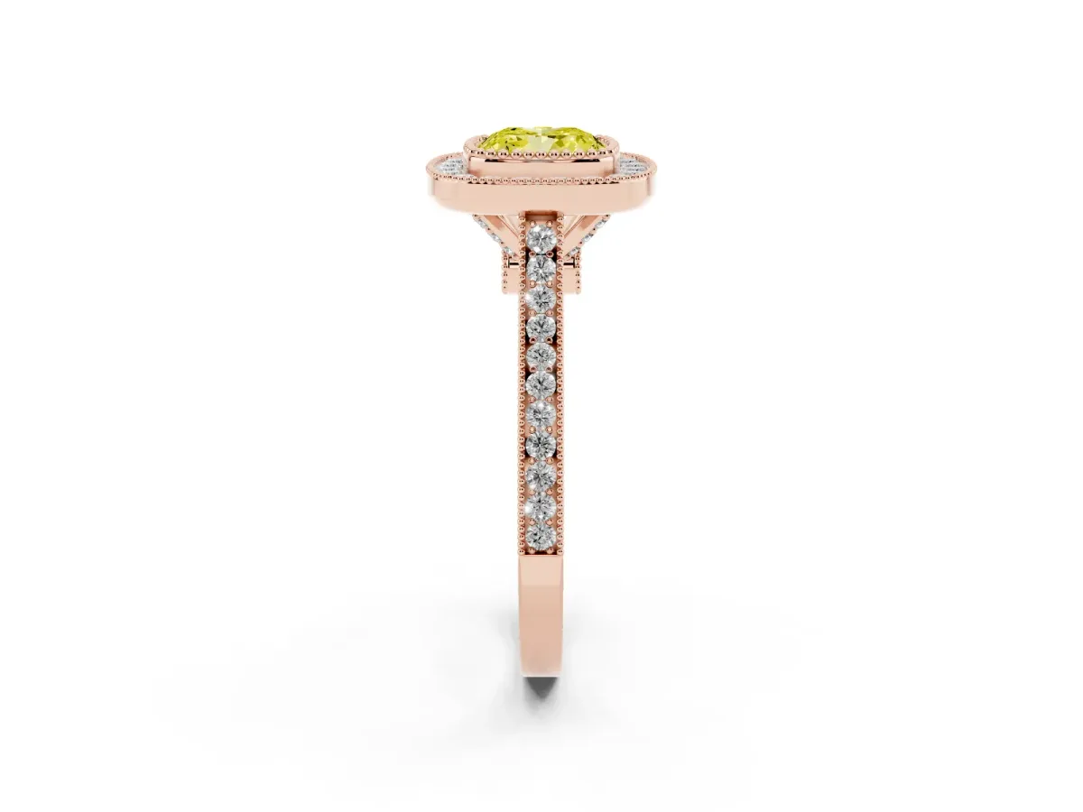 Fancy Yellow Cushion Cut Diamond Halo Ring with Milgrain Frame and Pavé Band Rose gold