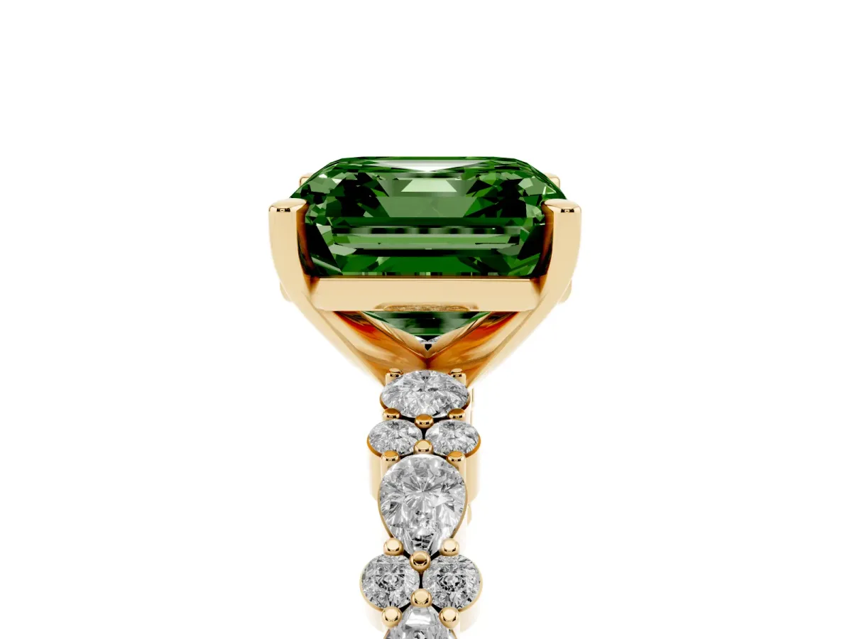 Fancy Green Asscher Cut Diamond Side Stone Solitaire Ring with Round and Four-Prong Setting Yellow gold