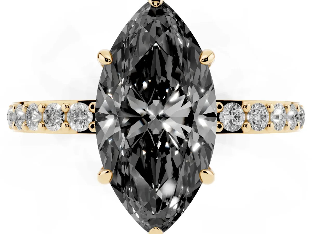 Fancy Black Marquise Cut Diamond Pavé Engagement Ring with Round Accents and Prong Setting Yellow gold