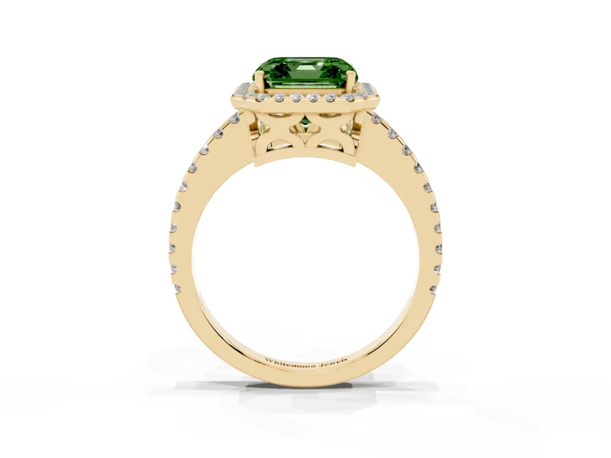 Fancy Green Asscher Cut Diamond Halo Engagement Ring with Pavé Band and Prong Setting Yellow gold