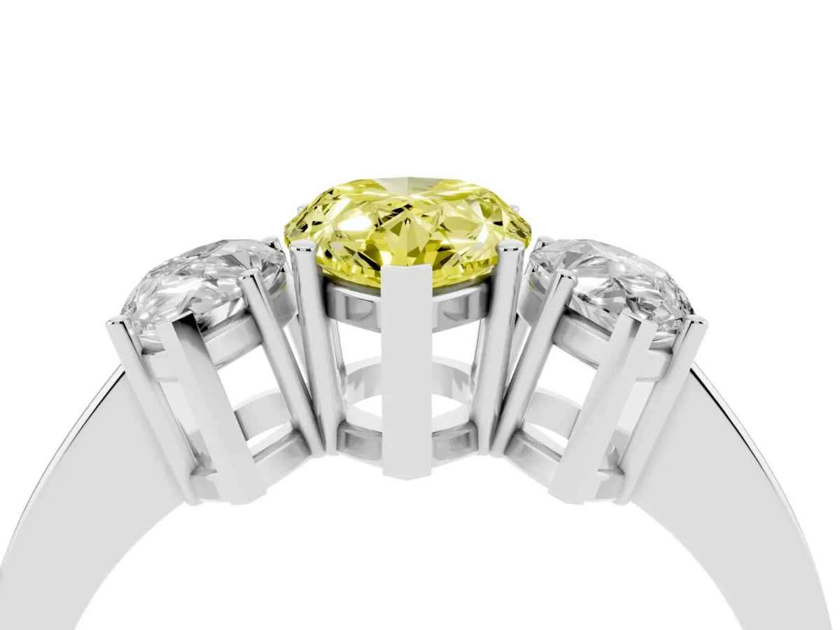 Fancy Yellow Three-Stone Pear Cut Cut Diamond Engagement Ring with Flat Band and Four-Prong Setting Silver
