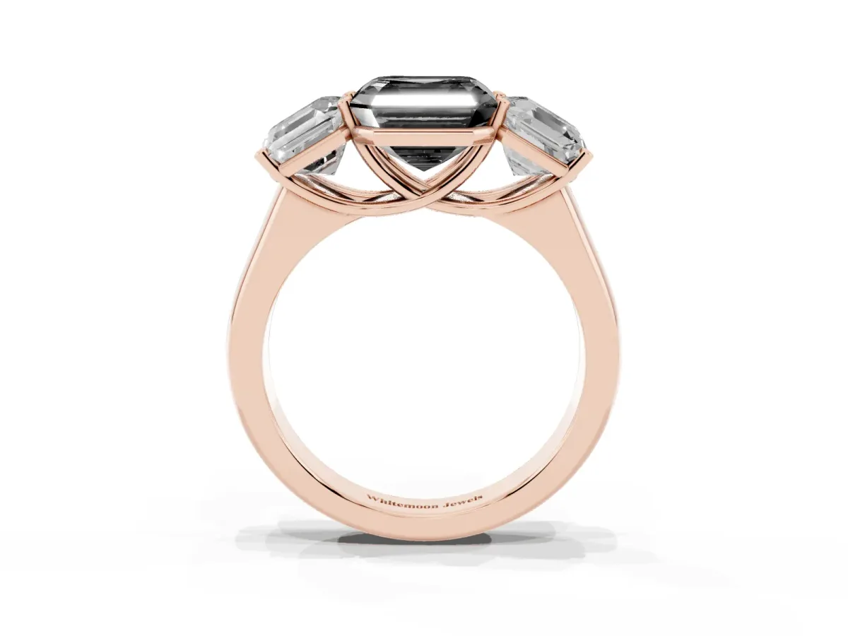 Fancy Black Asscher Cut Three-Stone Diamond Ring with Prong Setting on a Classic Band Rose gold