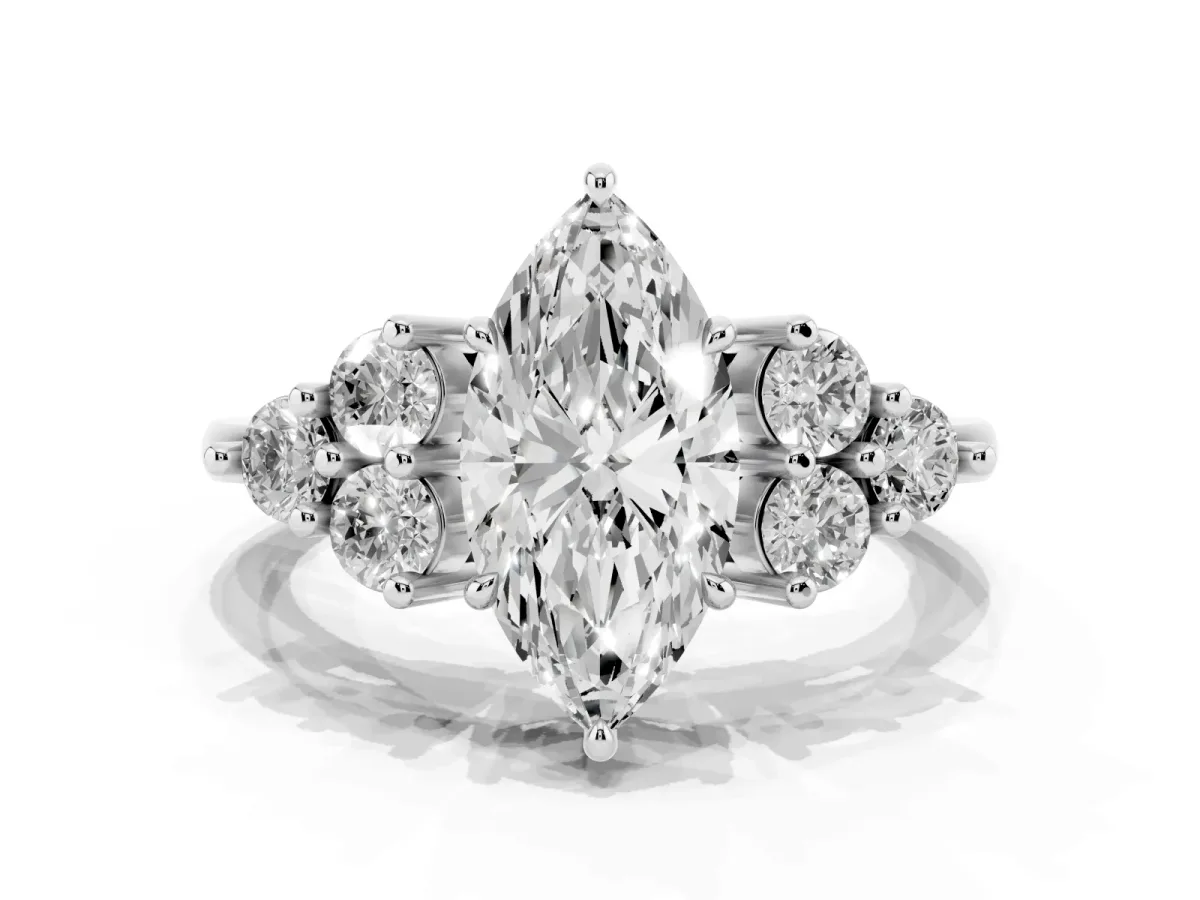 Marquise Cut Brilliant Diamond Cluster Accent Solitaire Ring with Prong Setting Silver