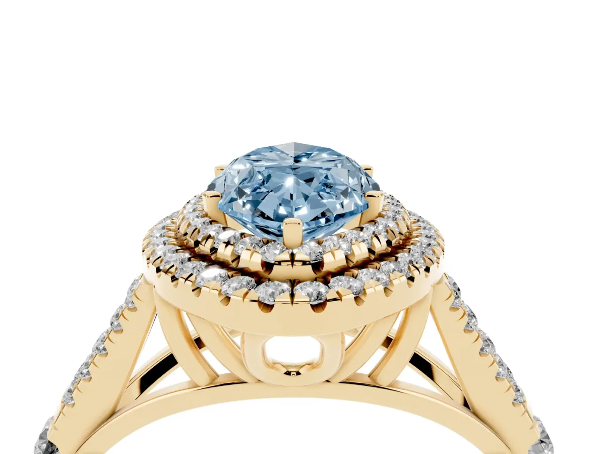 Fancy Blue Double Halo Marquise Cut Diamond Split Shank Engagement Ring with Four-Prong Setting Yellow gold