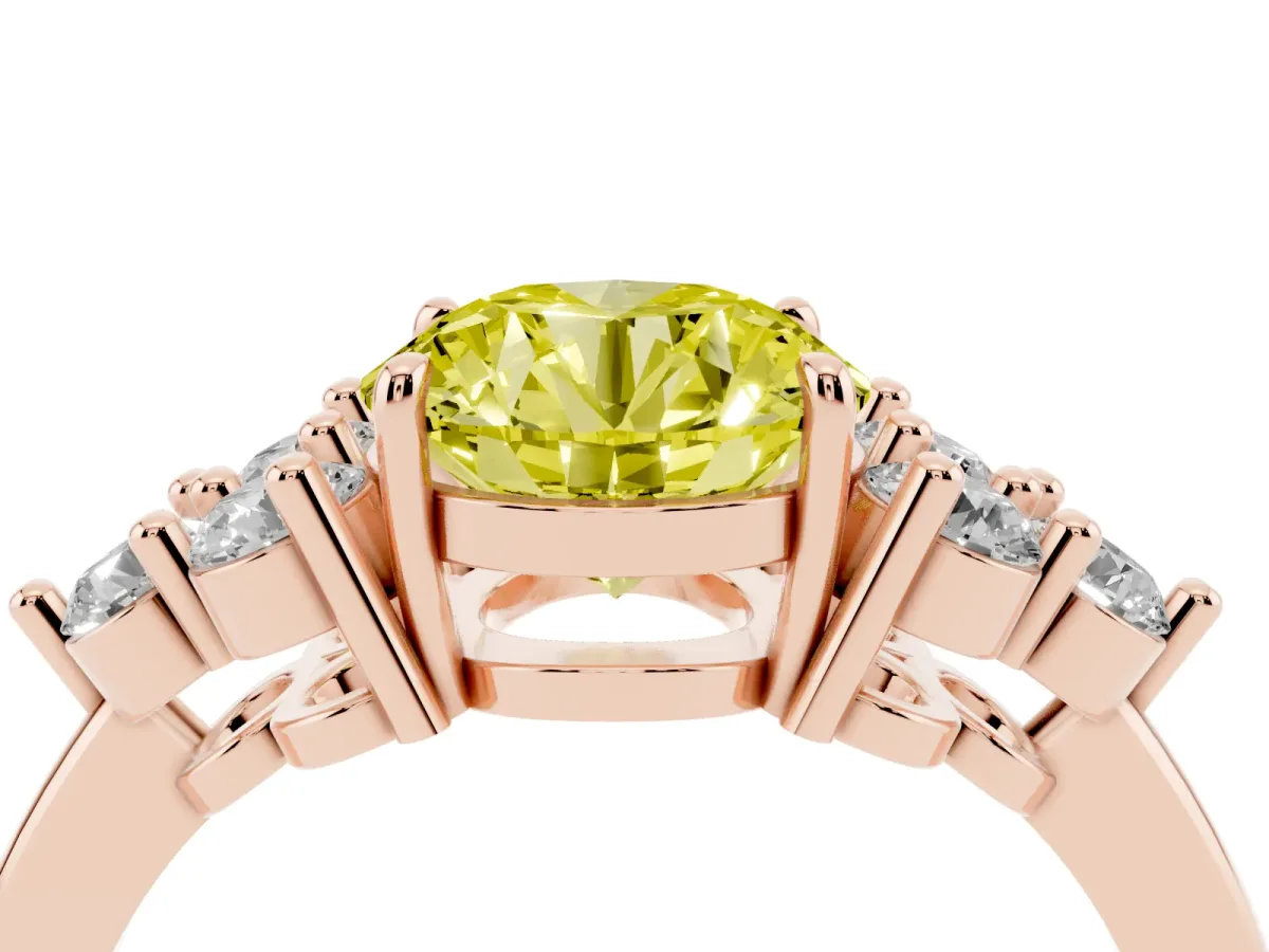 Fancy Yellow Round Cut Brilliant Diamond Cluster Accent Solitaire Ring with Prong Setting Rose gold
