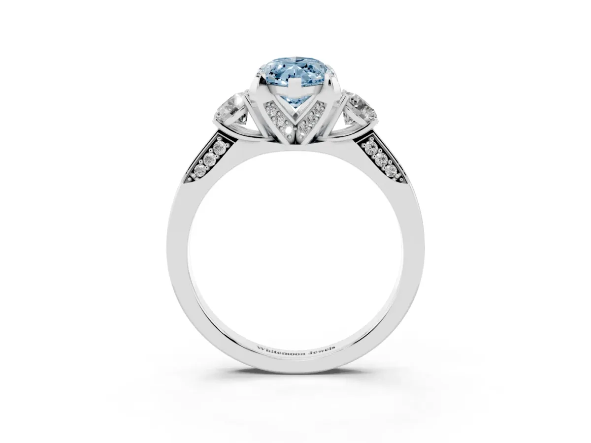 Fancy Blue Marquise Cut Brilliant Three-Stone Diamond Ring with Pavé Band and Four-Prong Setting Silver