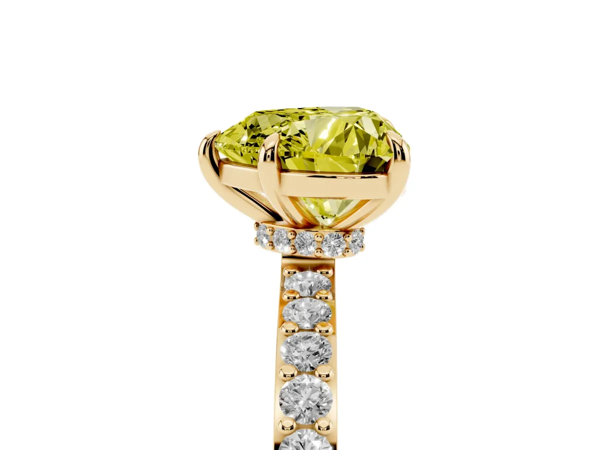 Fancy Yellow Heart Cut Diamond Pavé Engagement Ring with Round Accents and Prong Setting Yellow gold