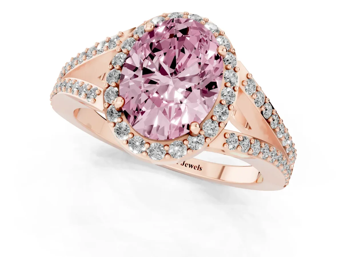 Fancy Pink Oval Cut Halo Split Shank Pave Diamond Ring with Four-Prong Setting Rose gold