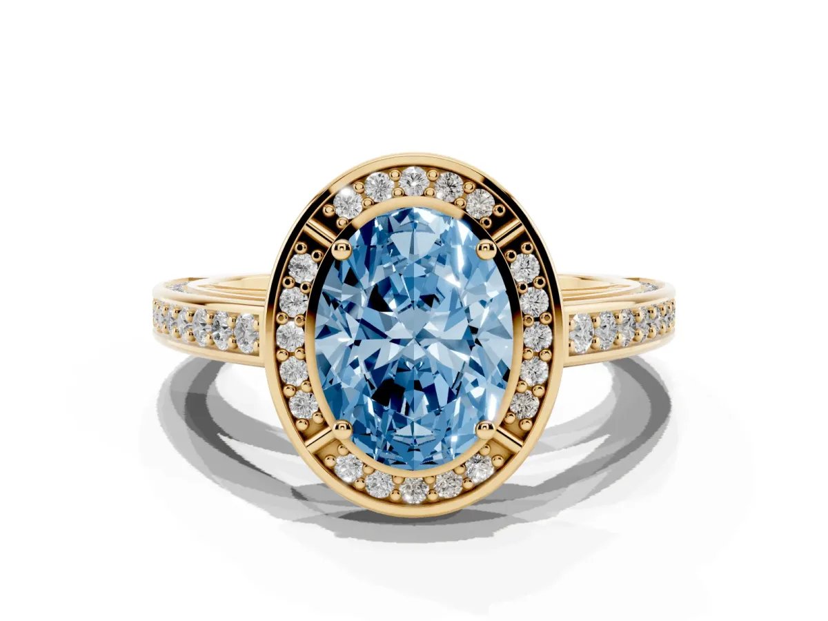 Fancy Blue Oval Cut Cut Halo Pave Split Shank Prong Setting Ring Yellow gold