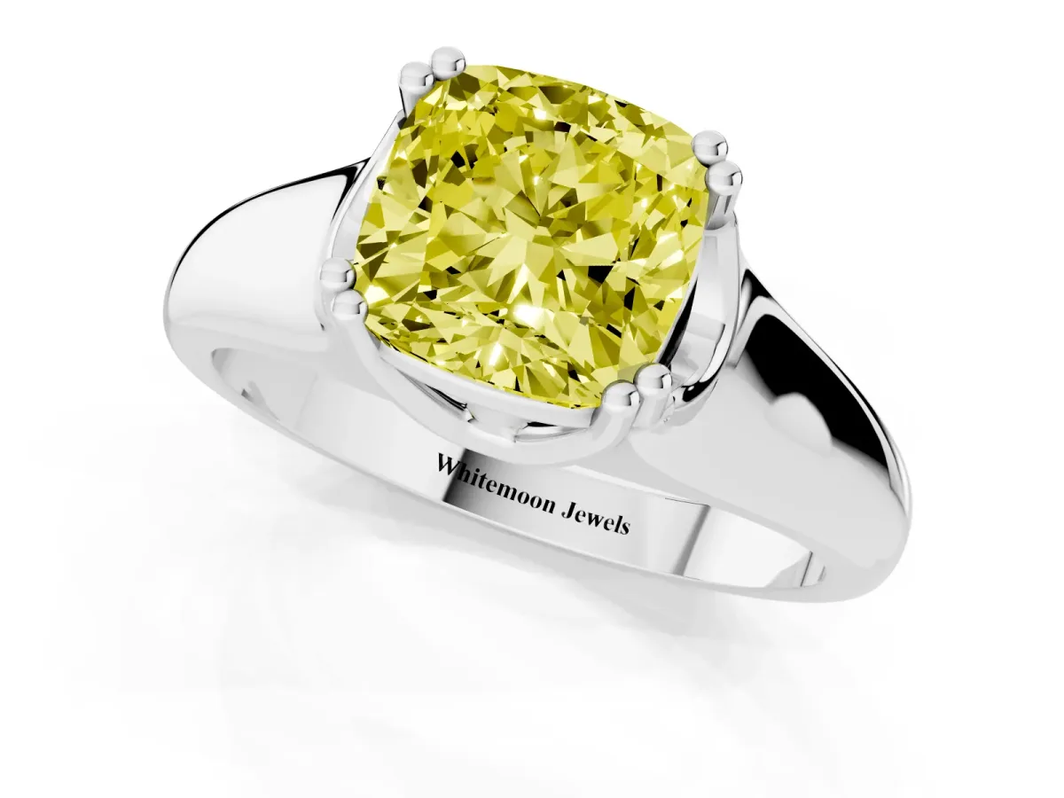 Fancy Yellow Cushion Cut Diamond Solitaire Ring with Wide Band and Prong Setting Silver