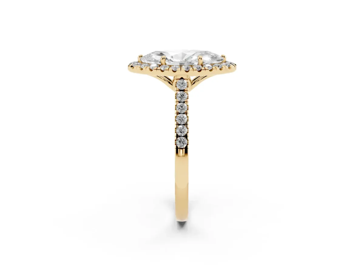 Marquise Cut Halo Pavé Diamond Engagement Ring with Four-Prong Setting Yellow gold