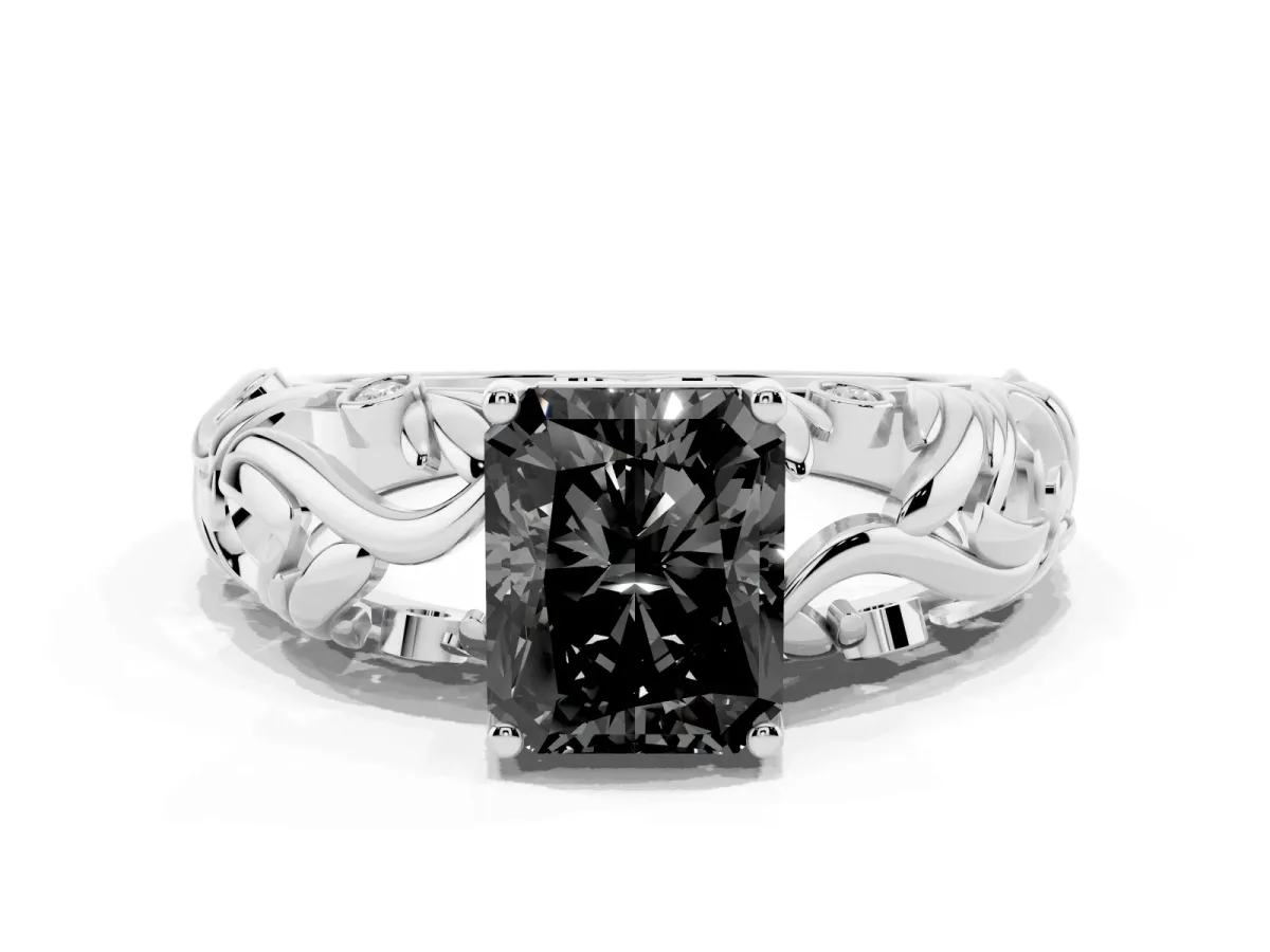 Fancy Black Radiant Cut Solitaire Diamond Leaf-Inspired Vine Band Ring with Prong Setting Platinum