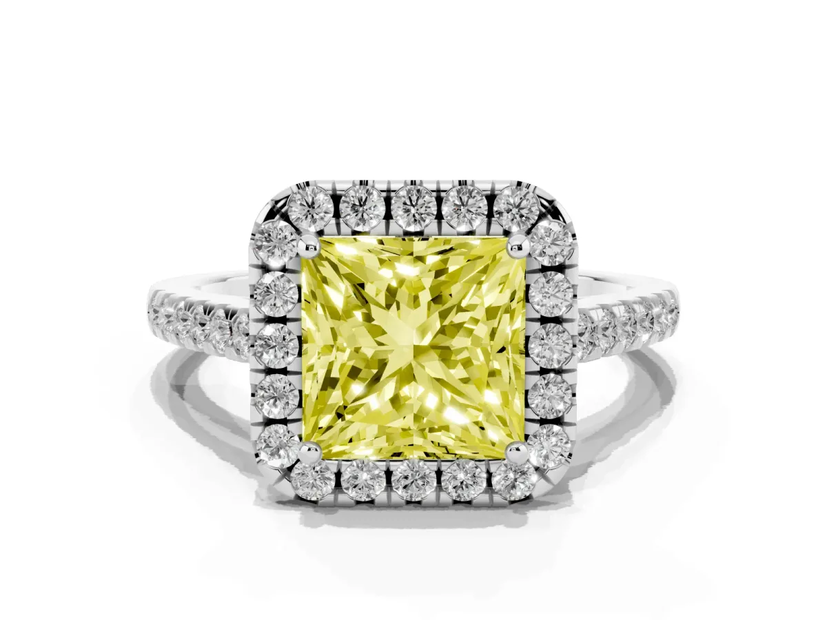 Fancy Yellow Princess Cut Halo Pavé Diamond Engagement Ring with Four-Prong Setting Silver
