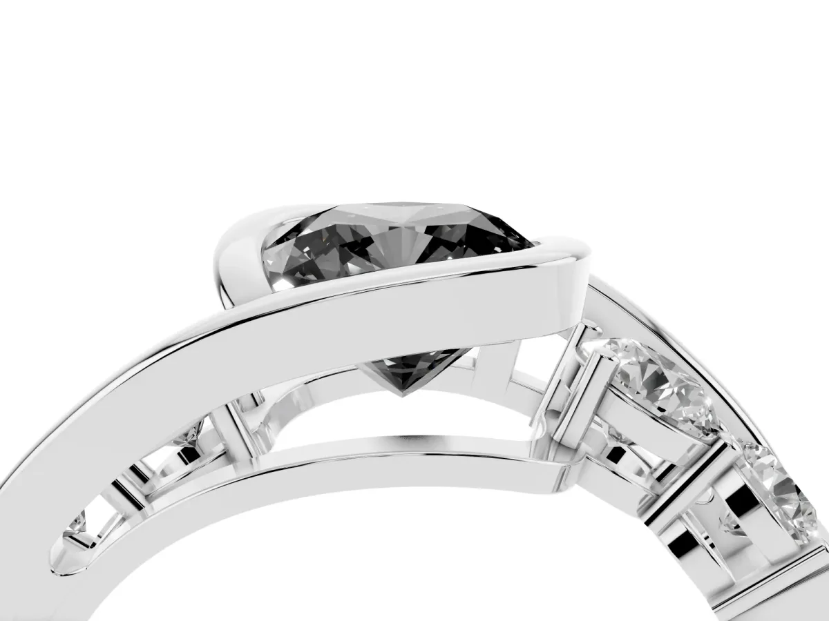Fancy Black Bezel Set Cushion Cut Diamond Bypass Ring with Round Accents Platinum