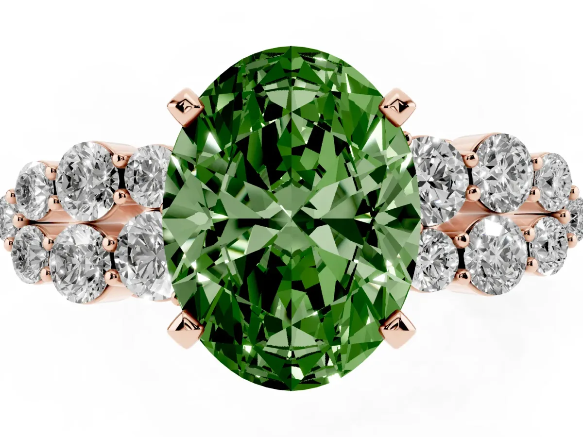 Fancy Green Oval Cut Cluster Diamond Engagement Ring with Pavé Band and Four-Prong Setting Rose gold