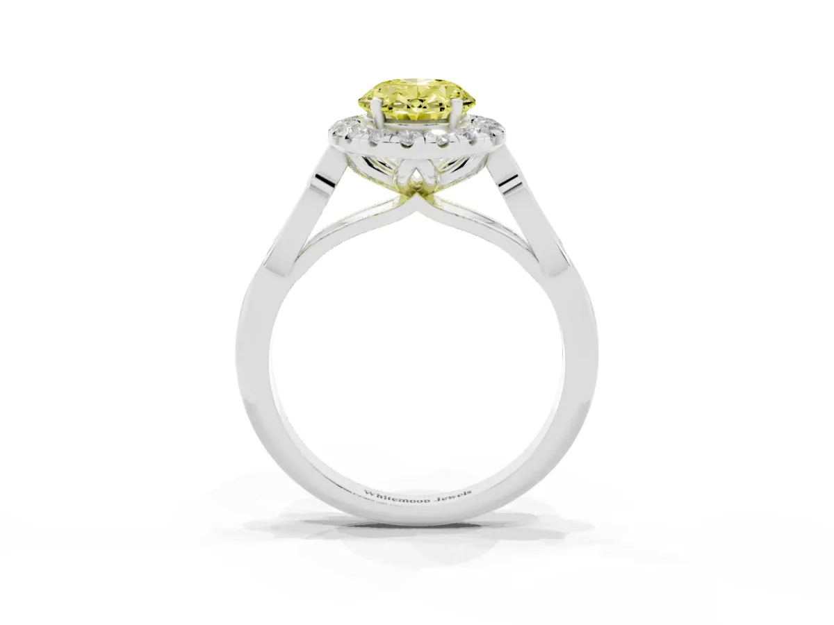 Fancy Yellow Oval Cut Halo Diamond Engagement Ring with Filigree Band and Four-Prong Setting Platinum