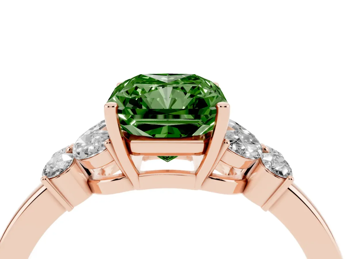 Fancy Green Radiant Cut Cut Solitaire Floral Diamond Ring with Four-Prong Setting Rose gold