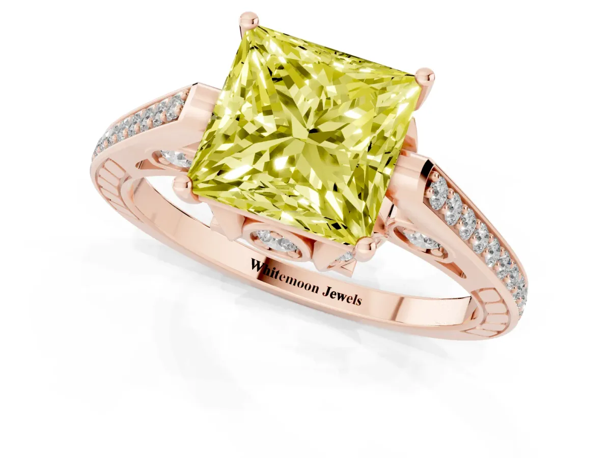 Fancy Yellow Princess Cut Cut Cathedral Pave Diamond Engagement Ring with Six-Prong Setting Rose gold