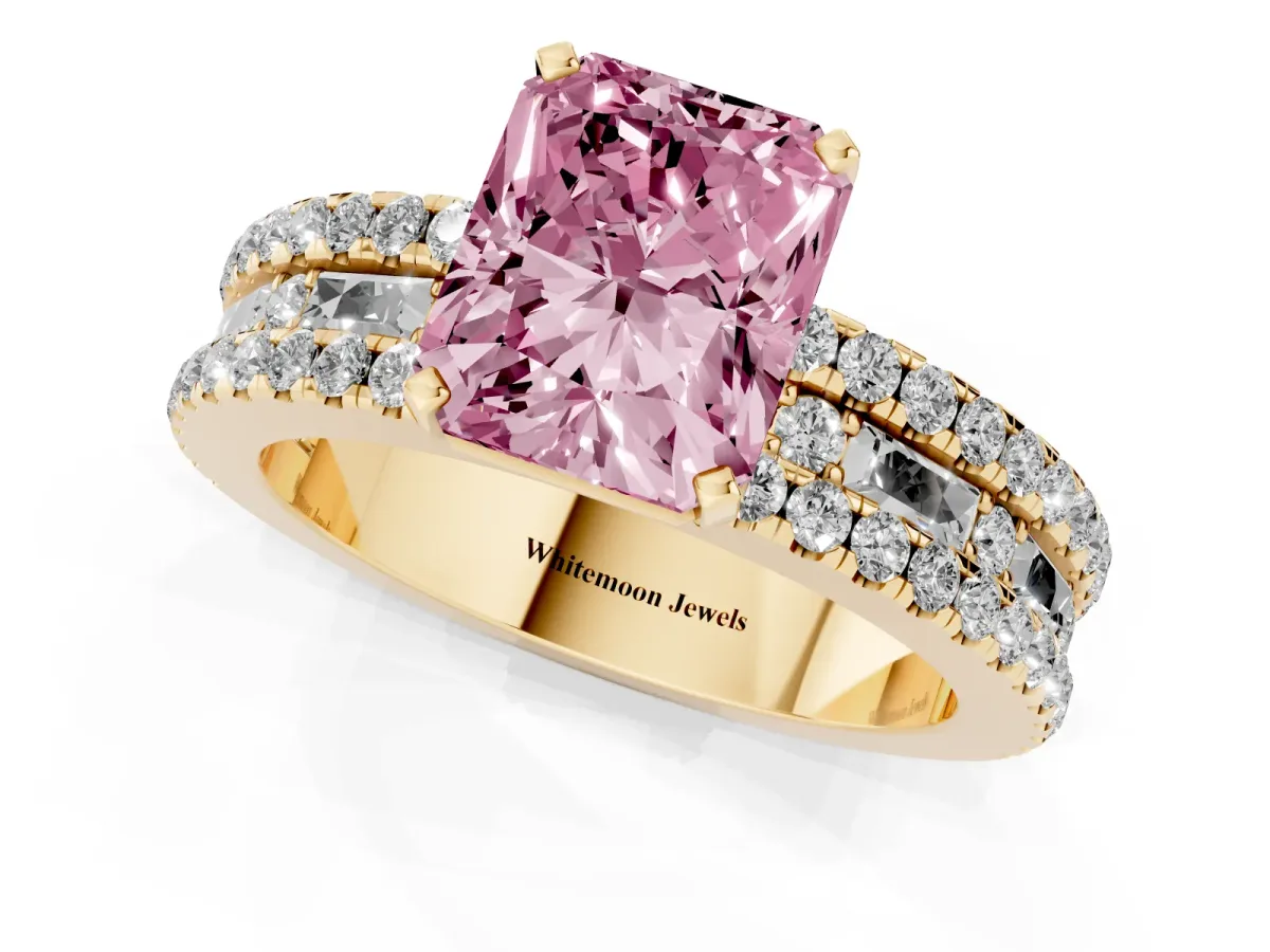 Fancy Pink Radiant Cut Diamond Solitaire Ring with Pavé and Channel Set Band Yellow gold