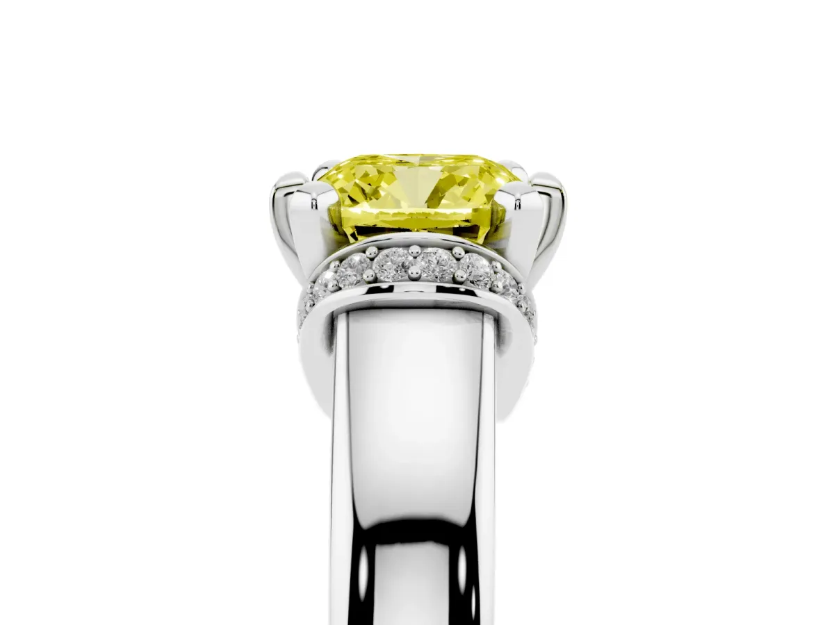 Fancy Yellow Cushion Cut Solitaire Diamond Ring with Pave Band and Six-Prong Setting Silver