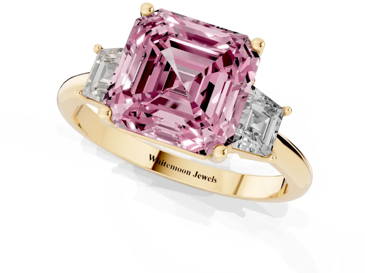 Fancy Pink Asscher Cut Diamond Three-Stone Ring with Trapezoid Side Stones and Prong Setting Yellow gold