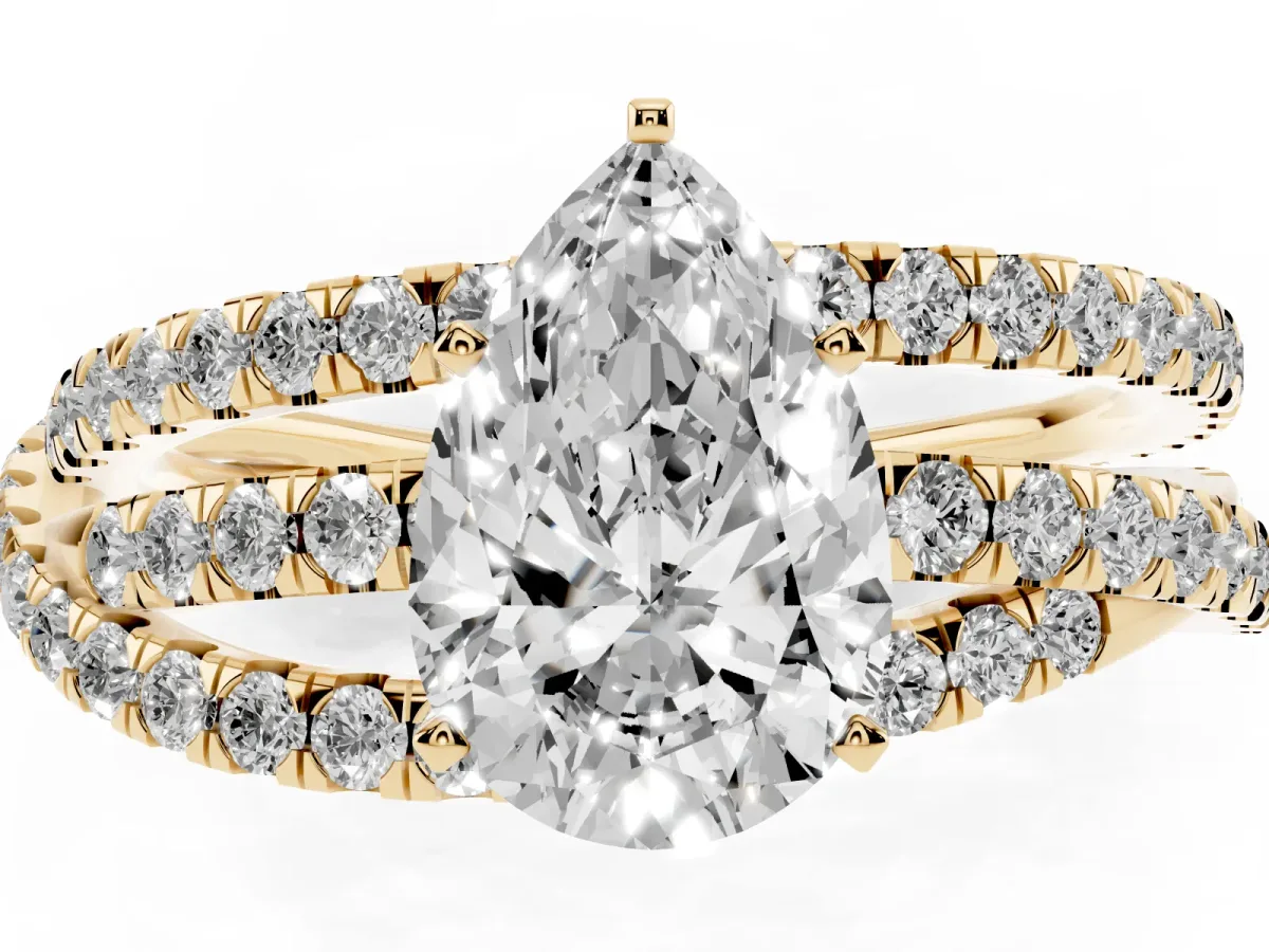 Pear Cut Solitaire Twist Band with Pavé Setting and Four-Prong Setting Yellow gold