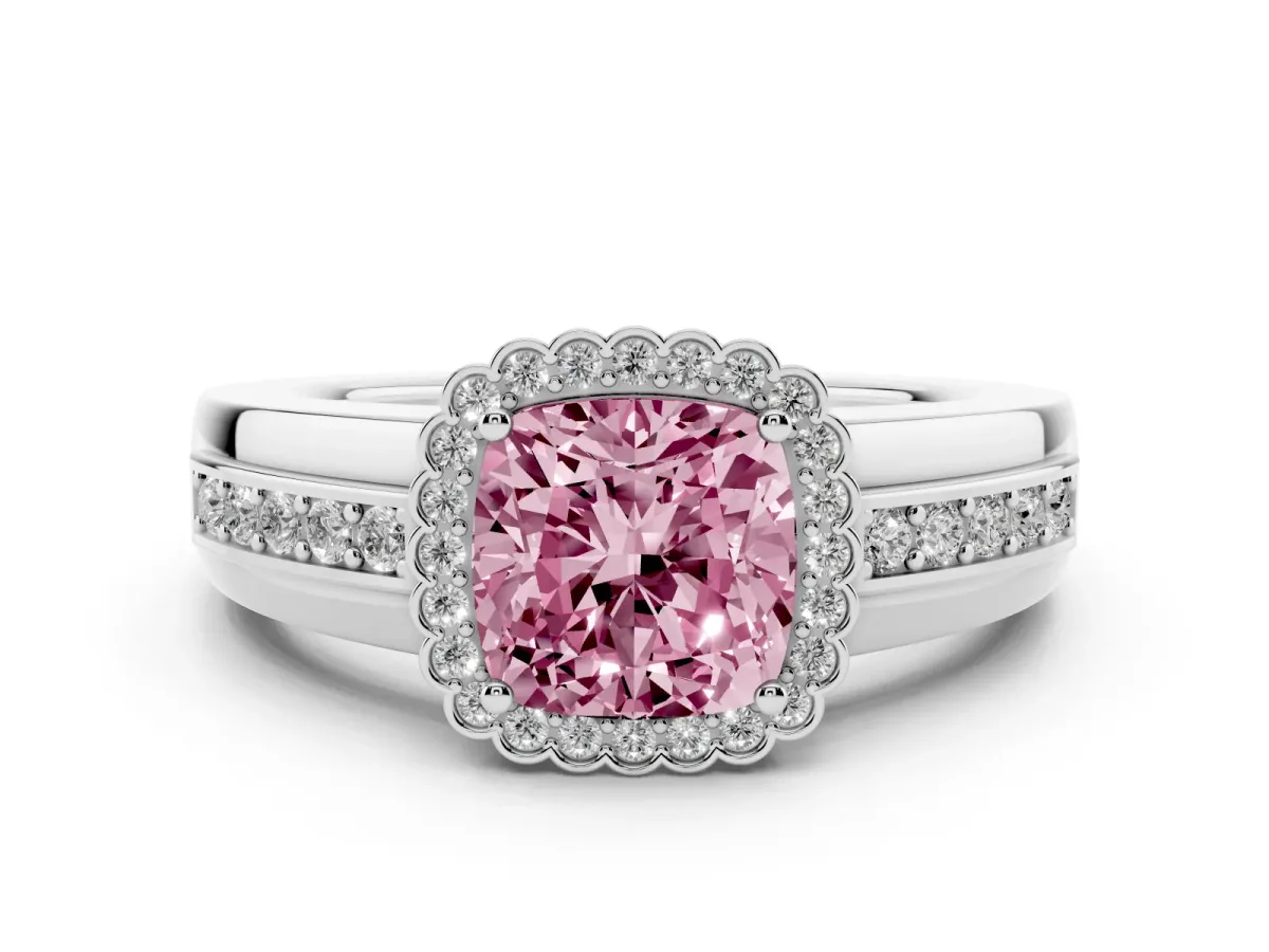 Fancy Pink Cushion Cut Cut Halo Pave Band Four-Prong Ring Silver