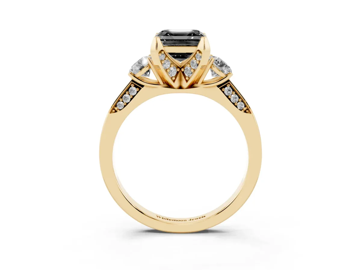 Fancy Black Asscher Cut Brilliant Three-Stone Diamond Ring with Pavé Band and Four-Prong Setting Yellow gold