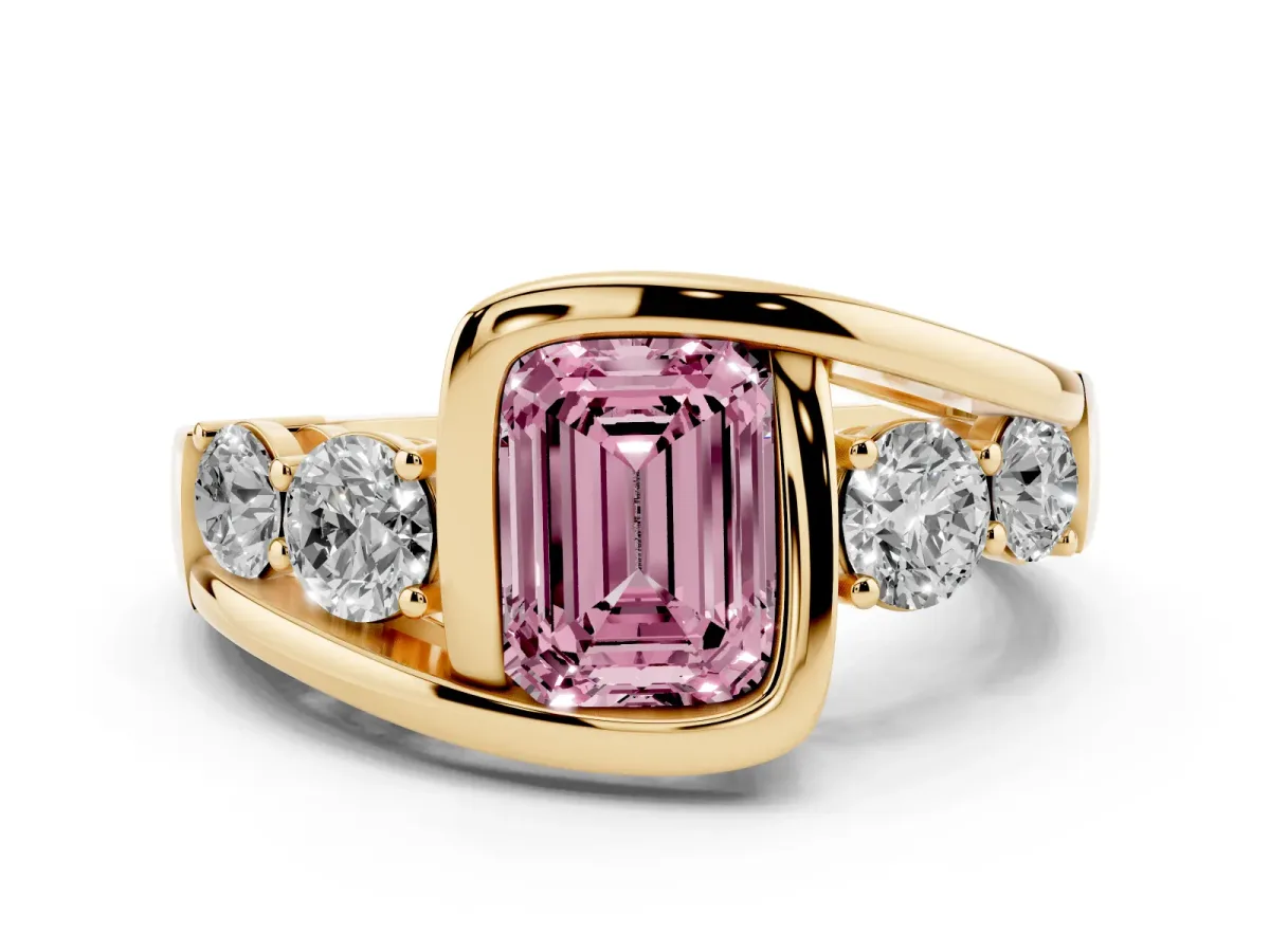 Fancy Pink Bezel Set Emerald Cut Diamond Bypass Ring with Round Accents Yellow gold