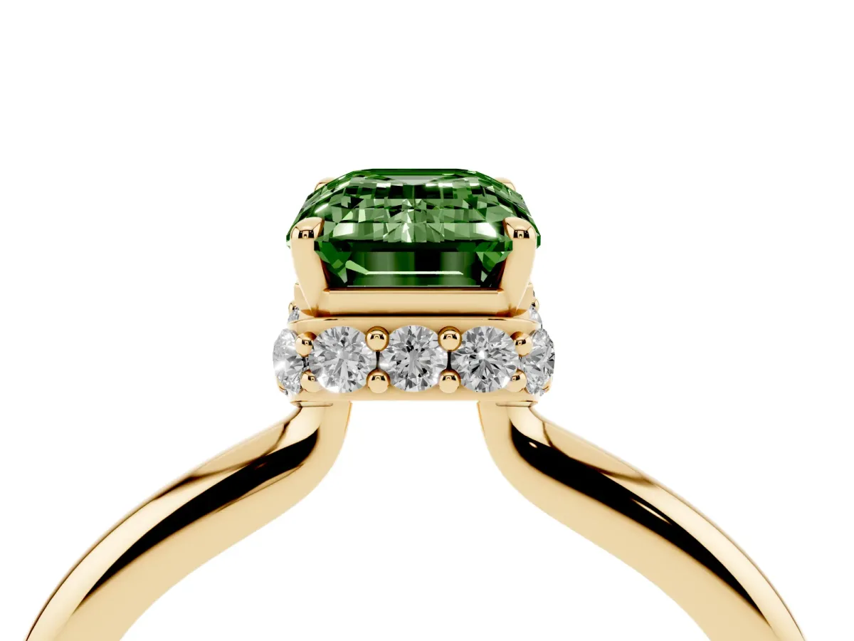 Fancy Green Emerald Cut Brilliant Solitaire Engagement Ring with Six-Prong Setting and Classic Band Yellow gold