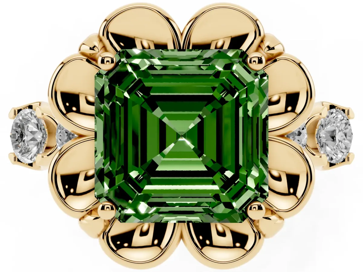 Fancy Green Asscher Cut Cut Diamond Floral Halo Engagement Ring with Shared Prong Setting Yellow gold