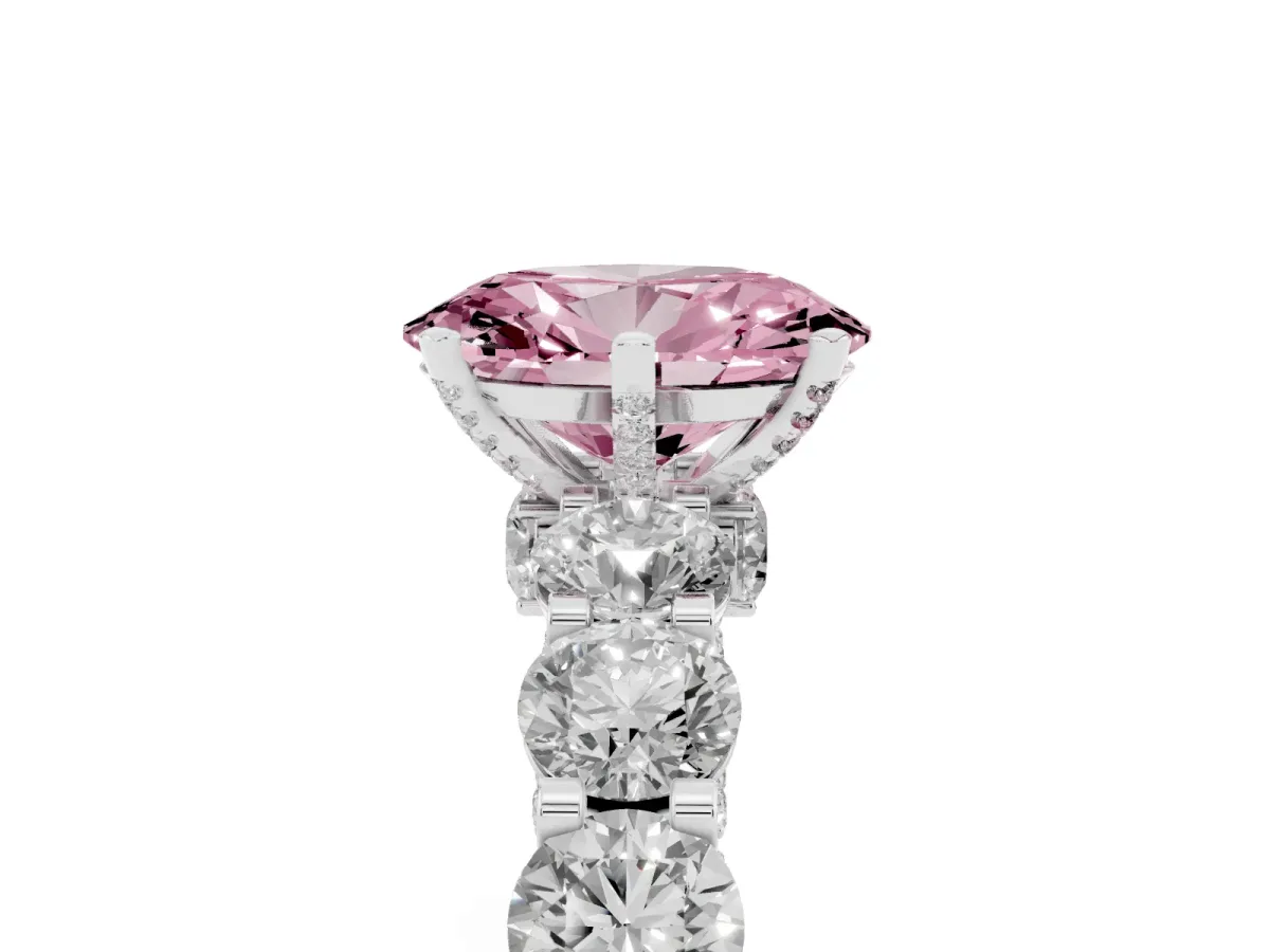 Fancy Pink Oval Cut Diamond Side Stone Engagement Ring with Four-Prong Setting Silver