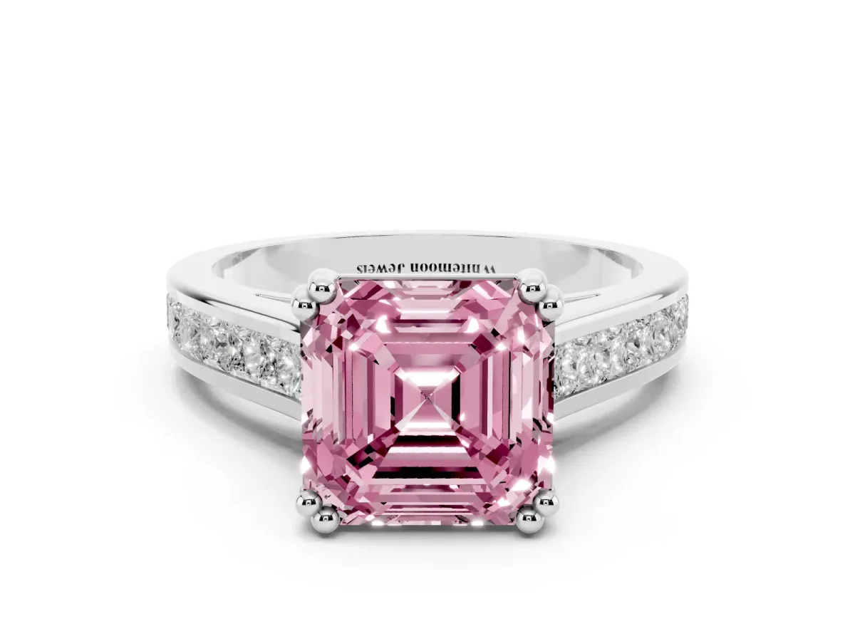 Fancy Pink Asscher Cut Cut Channel Set Solitaire Engagement Ring with Prong Setting Silver