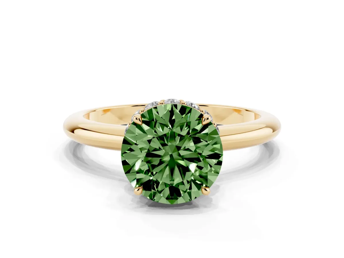 Fancy Green Round Cut Brilliant Solitaire Engagement Ring with Six-Prong Setting and Classic Band Yellow gold