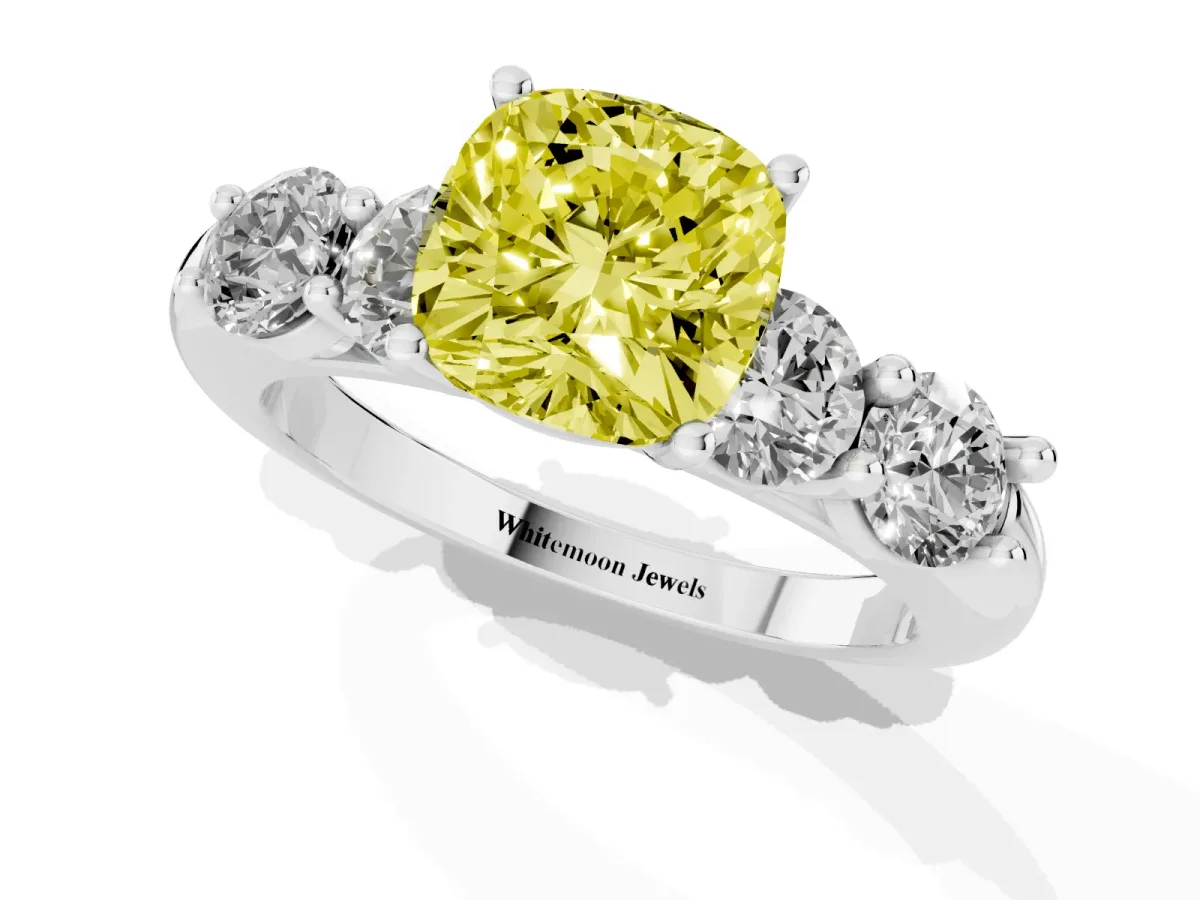 Fancy Yellow Cushion Cut Cut Five-Stone Prong Set Diamond Ring with Classic Band Silver