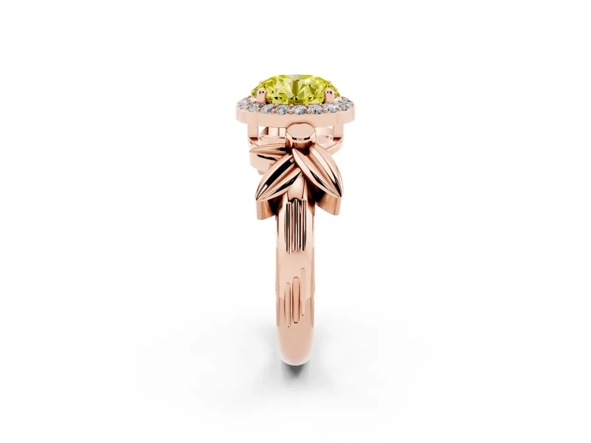Fancy Yellow Round Cut Halo Diamond Floral Band with Four-Prong Setting Rose gold