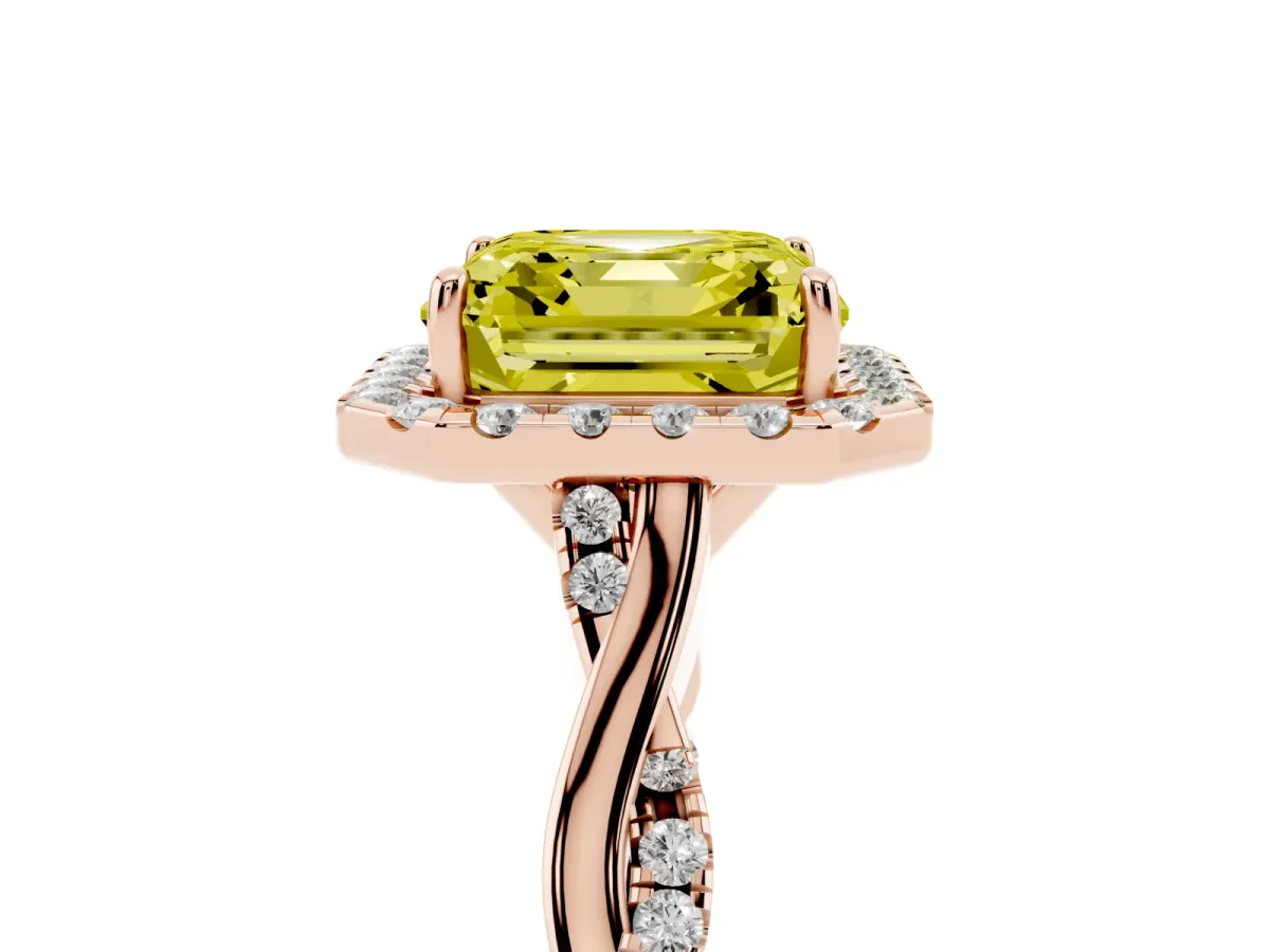 Fancy Yellow Asscher Cut Halo Twist Band Solitaire Ring Rose gold