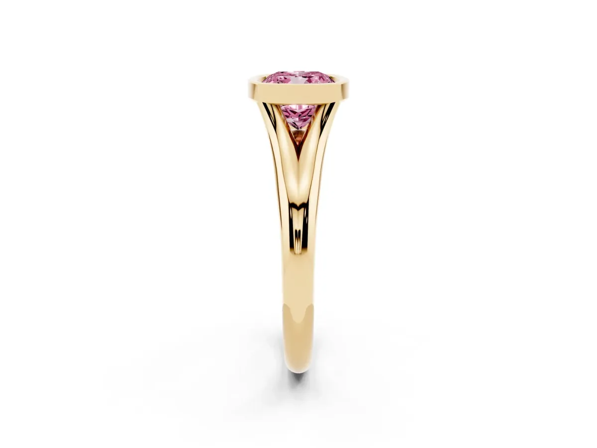 Fancy Pink Bezel Set Cushion Cut Solitaire Diamond Ring with Smooth Band Yellow gold